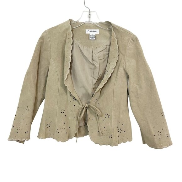 Vintage Calvin Klein Tan Suede Leather Laser Cut Scalloped Jacket Y2K Boho SMALL - Picture 1 of 5